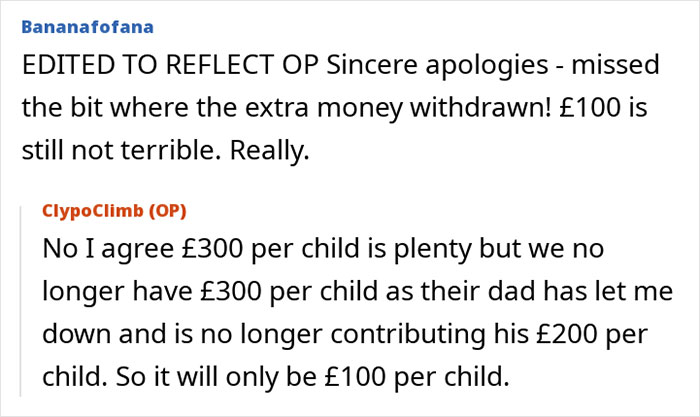 Screenshot of online forum post showing a dad changes contribution from £300 to £100 per child, causing mom to panic. Screenshot of online forum post showing a dad changes contribution from £300 to £100 per child, causing mom to panic.