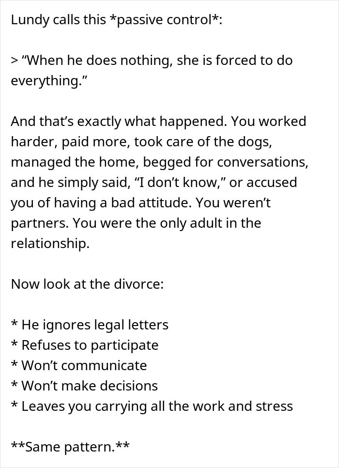 Text explaining passive control and neglect in a relationship leading to stress and regret after divorce reality check. Text explaining passive control and neglect in a relationship leading to stress and regret after divorce reality check.