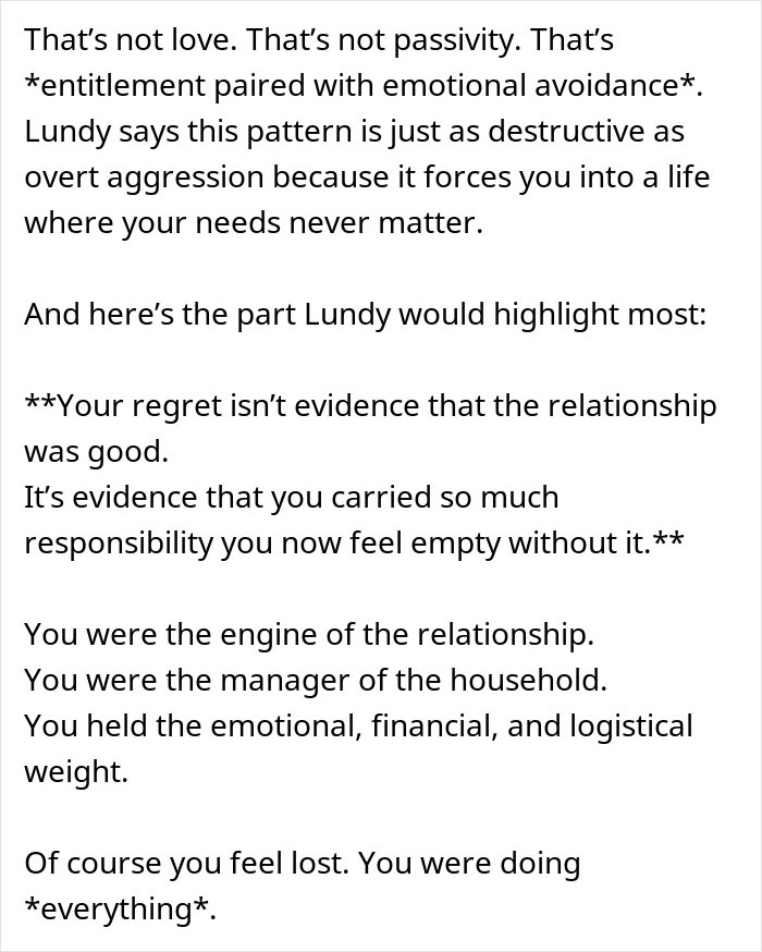 Text excerpt discussing emotional avoidance and regret in relationships after divorce, focusing on emotional responsibility and reality check. Text excerpt discussing emotional avoidance and regret in relationships after divorce, focusing on emotional responsibility and reality check.
