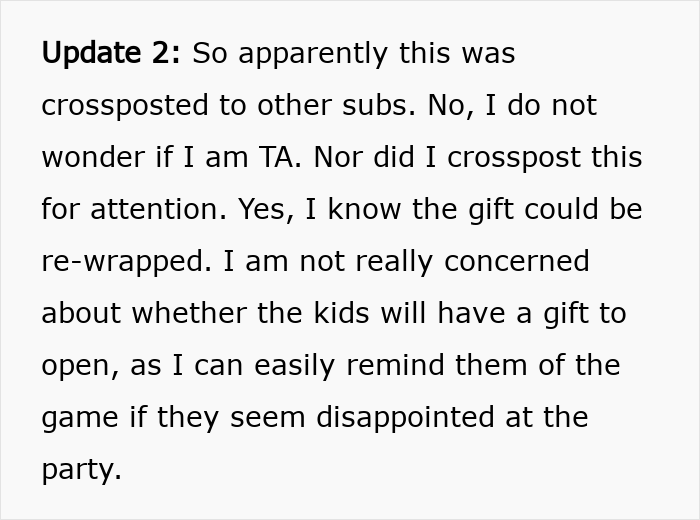 Text excerpt showing a woman’s update on thinking she deserves another Christmas gift after opening one early but getting a reality check. Text excerpt showing a woman’s update on thinking she deserves another Christmas gift after opening one early but getting a reality check.