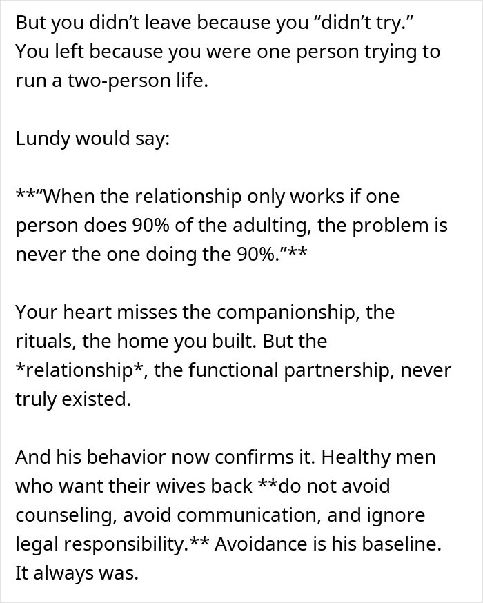 Text excerpt about a woman reflecting on divorce regret and getting a reality check on the relationship dynamics. Text excerpt about a woman reflecting on divorce regret and getting a reality check on the relationship dynamics.