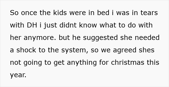 Text excerpt showing a mother explaining her decision to give no Christmas gifts as punishment for 7-year-old child.