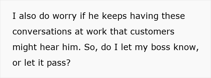 Text image showing a person conflicted about reporting a coworker who told her to stay home and birth babies.