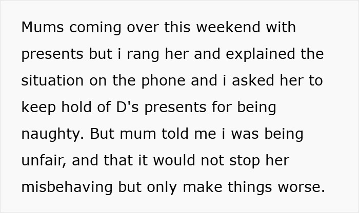 Text from a parent explaining no Christmas gifts as punishment for 7-year-old's behavior sparks online debate.