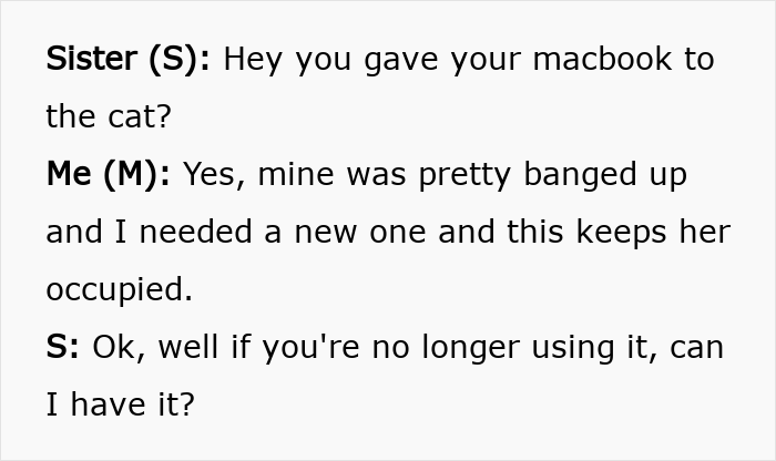 Chat conversation where a guy explains giving his old laptop to his cat instead of his sister, sparking internet debate.
