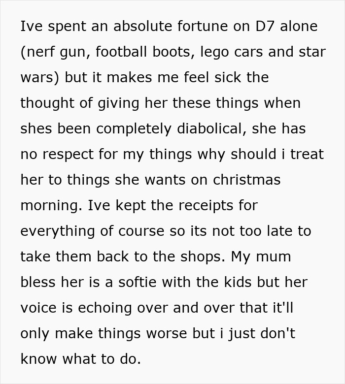 Text showing a mom struggling to handle a 7-year-old and considering no Christmas gifts as punishment.