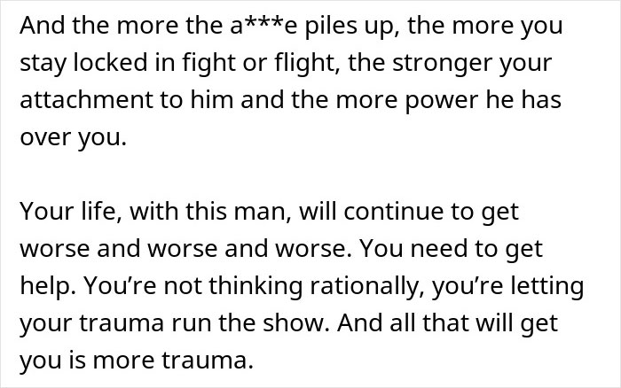 Text discussing emotional trauma and attachment issues in a woman who regrets a divorce, facing a reality check. Text discussing emotional trauma and attachment issues in a woman who regrets a divorce, facing a reality check.