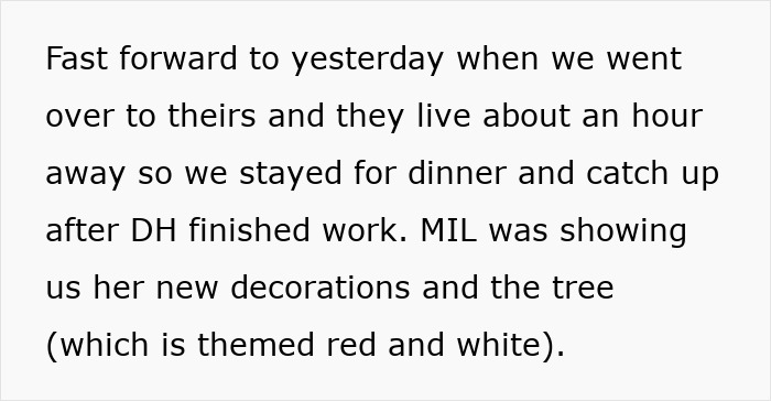 Woman checking holiday decorations and sentimental Christmas ornaments on mother-in-law’s red and white themed tree.