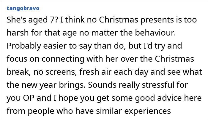 Comment discussing a mom punishing 7-year-old with no Christmas gifts, with advice from online community. Comment discussing a mom punishing 7-year-old with no Christmas gifts, with advice from online community.