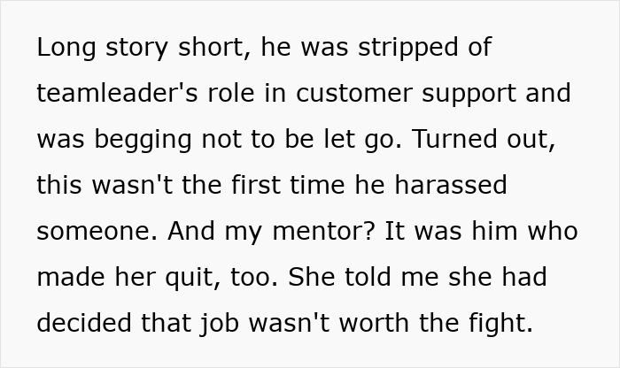 Text excerpt describing a boss stripped of the teamleader role after harassment, leading to termination.