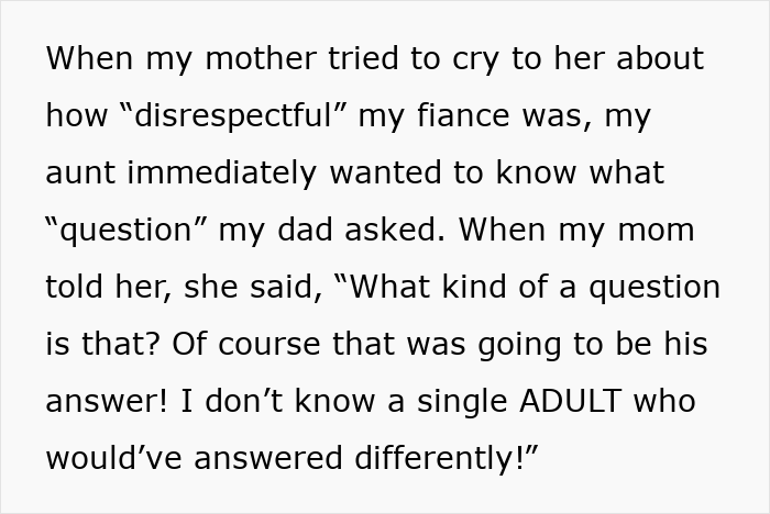 Text post showing a great aunt slamming bride&rsquo;s parents for throwing tantrums and getting uninvited from wedding.