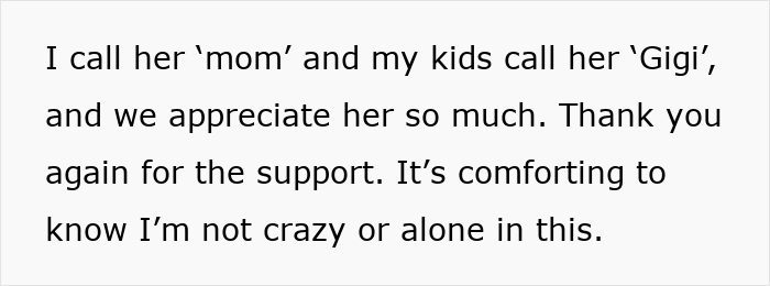 Text excerpt showing a mom expressing appreciation for support after being excluded from a Disney trip with dad and stepmom.