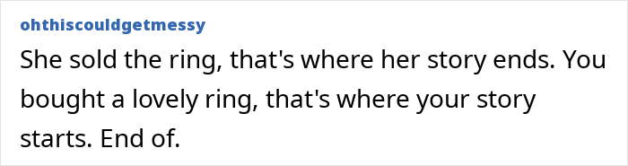 Text post from user ohthiscouldgetmessy discussing a woman pawning a family heirloom ring and issues after sister-in-law buys it back.