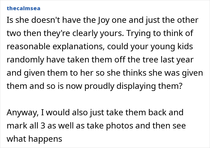 Text conversation about a woman upset after finding her sentimental Christmas ornaments on her mother-in-law’s tree.