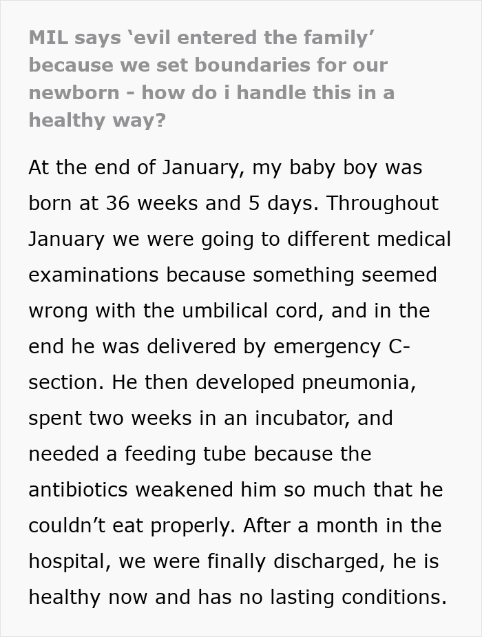 Text excerpt about MIL declaring evil in family after DIL’s premature birth and challenges with newborn’s health and care.