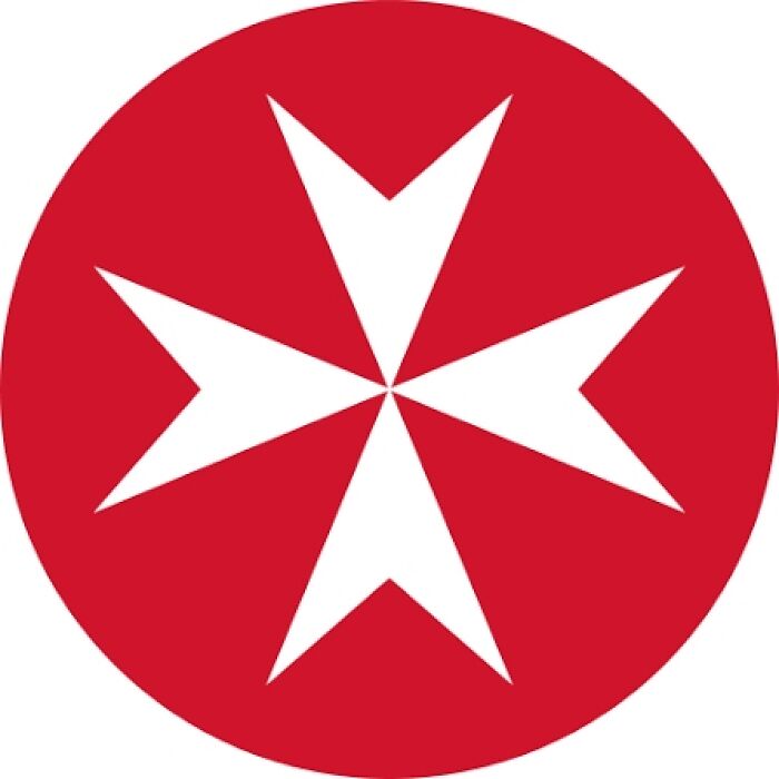 White eight-pointed Maltese cross on a red circle background symbolizing historical facts shared recently.