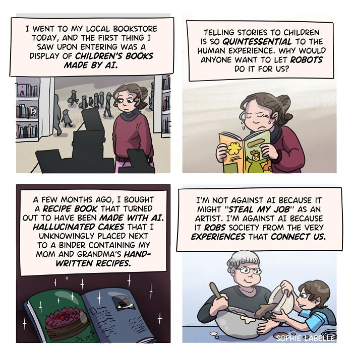 Comic panels by Sophie Labelle addressing LGBTQ+ topics and the impact of AI on storytelling and human connection.
