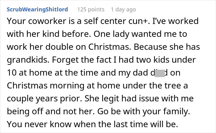 Woman thinks she&rsquo;s entitled to a day off on Christmas because of kids, causing workplace conflict among coworkers.