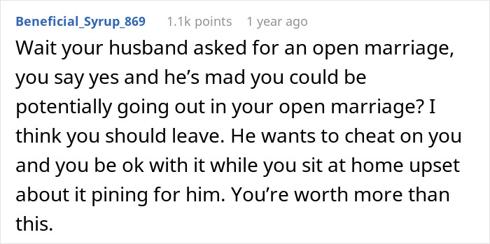 Comment expressing frustration with husband pushing for open marriage and struggling with feelings of insecurity and instability.