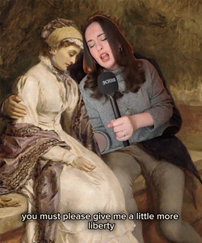 Woman holding microphone interviewing a Victorian-era woman, referencing the worst Victorian boyfriend in a historical setting. Woman holding microphone interviewing a Victorian-era woman, referencing the worst Victorian boyfriend in a historical setting.