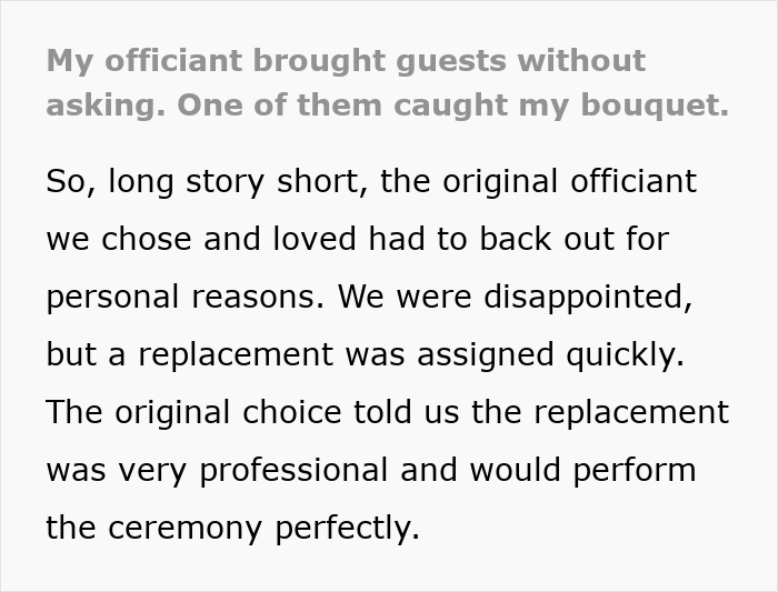 Bride mortified as officiant brings unexpected guest to wedding ceremony and surprise bouquet catch causes shock. Bride mortified as officiant brings unexpected guest to wedding ceremony and surprise bouquet catch causes shock.