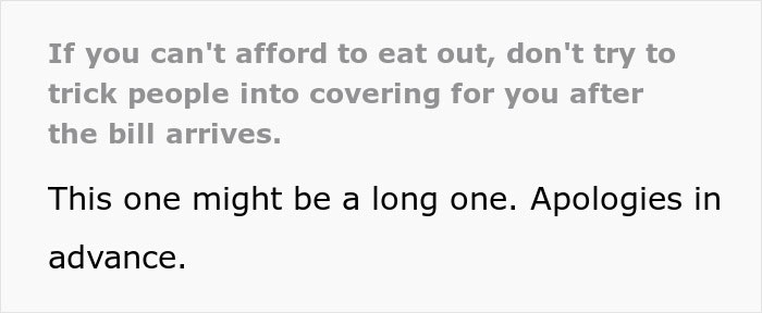 Text warning about not tricking others to pay dinner bills, highlighting brother makes bil pay dinner situation. Text warning about not tricking others to pay dinner bills, highlighting brother makes bil pay dinner situation.