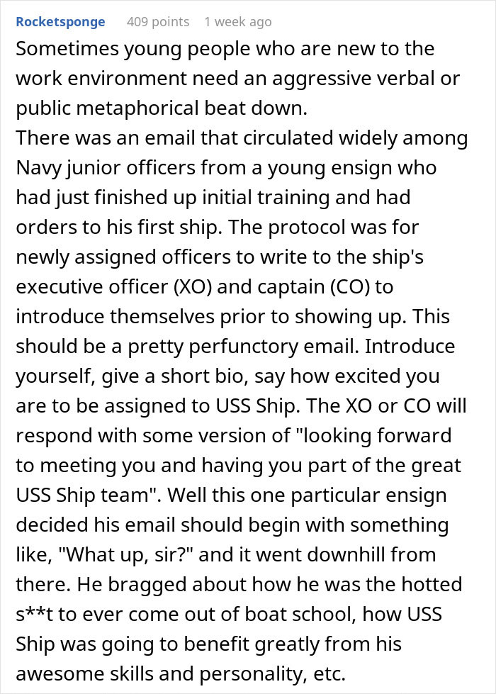 Text post discussing a young Navy officer's email struggles, reflecting a woman weirded out as coworker insists on calling her work mom.