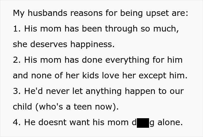 Reasons husband is upset over mom deserving happiness and family conflicts with creepy MIL’s husband ban. Reasons husband is upset over mom deserving happiness and family conflicts with creepy MIL’s husband ban.