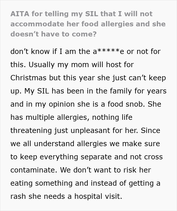 Text post about woman expecting family to cater to her allergies and getting a reality check over grandkids custody threat. Text post about woman expecting family to cater to her allergies and getting a reality check over grandkids custody threat.