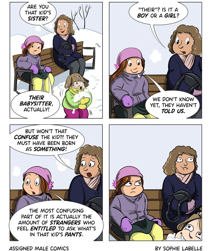 Comic strip by Sophie Labelle featuring a conversation on gender identity, LGBTQ+ topics, and societal assumptions.