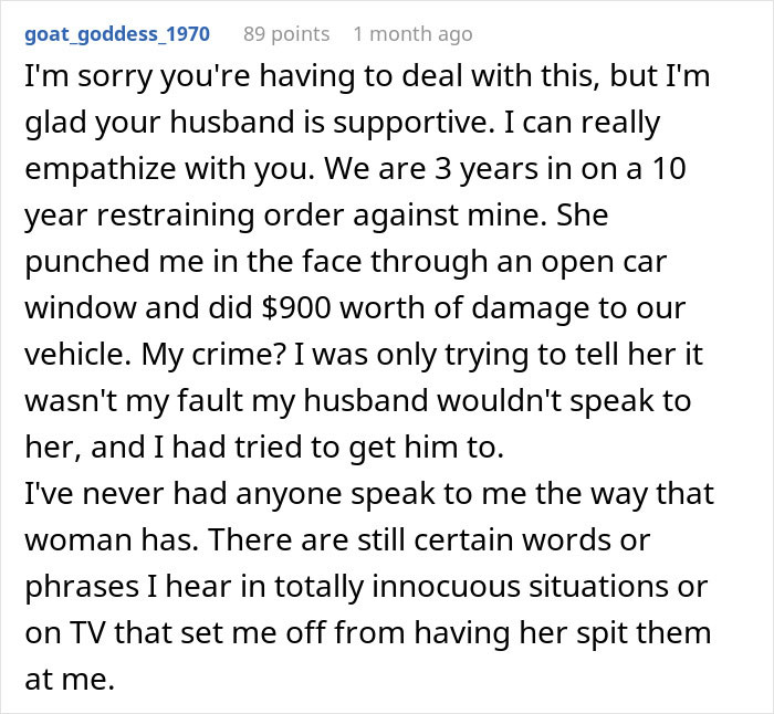 Text showing a Reddit comment discussing personal experience with a restraining order against a mother-in-law after years of conflict and a***e.
