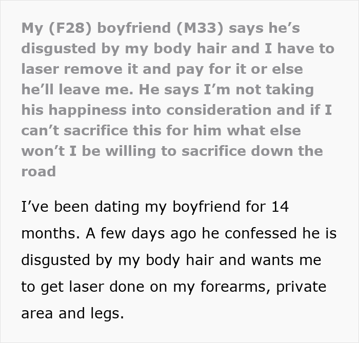 Text post about boyfriend demanding girlfriend laser remove all body hair due to disgust, sparking online backlash.