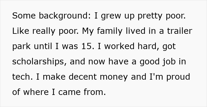 Text excerpt about personal background and overcoming poverty, illustrating efforts to succeed in tech career. Text excerpt about personal background and overcoming poverty, illustrating efforts to succeed in tech career.