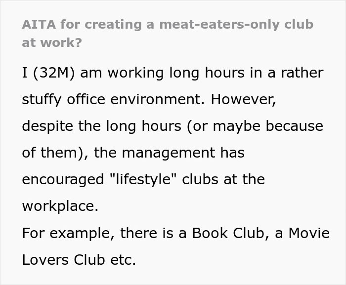 Text excerpt about employee pushback on vegan-only club, discussing workplace lifestyle clubs like Book and Movie Lovers.