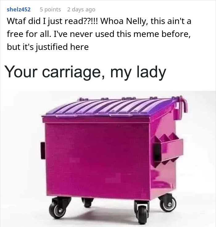 Comment reacting to marriage falling apart with a purple dumpster image, highlighting wife treating husband as ATM machine. Comment reacting to marriage falling apart with a purple dumpster image, highlighting wife treating husband as ATM machine.