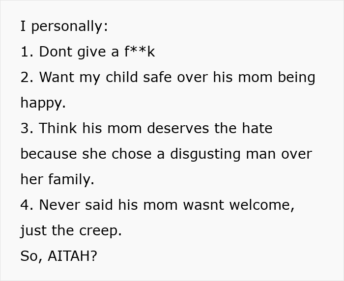 Text message discussing banning a creepy husband from home and marriage issues involving his mom deserves the hate.