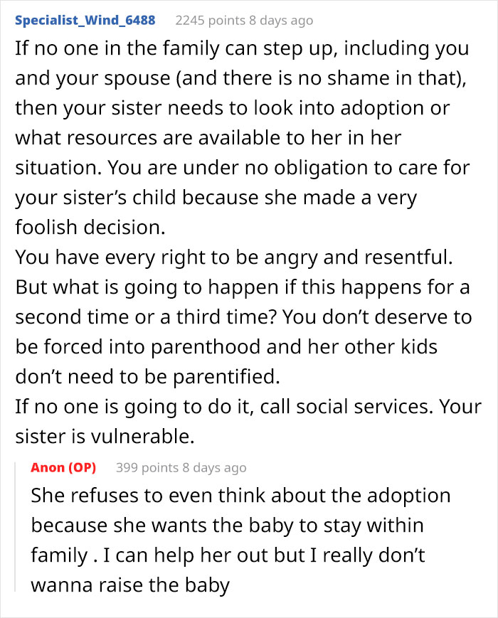 Reddit conversation about a childfree woman refusing responsibility for her sister’s new baby and adoption concerns.