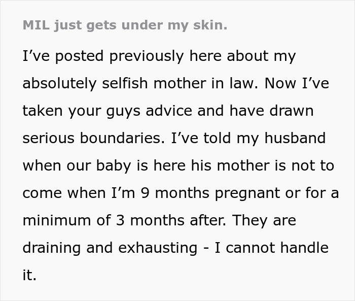 Text excerpt describing a wife setting boundaries with her selfish mother-in-law and husband not standing up to her.
