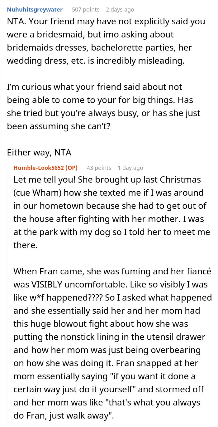 Reddit conversation discussing a painful friendship wake-up call during a wedding dress shopping trip.