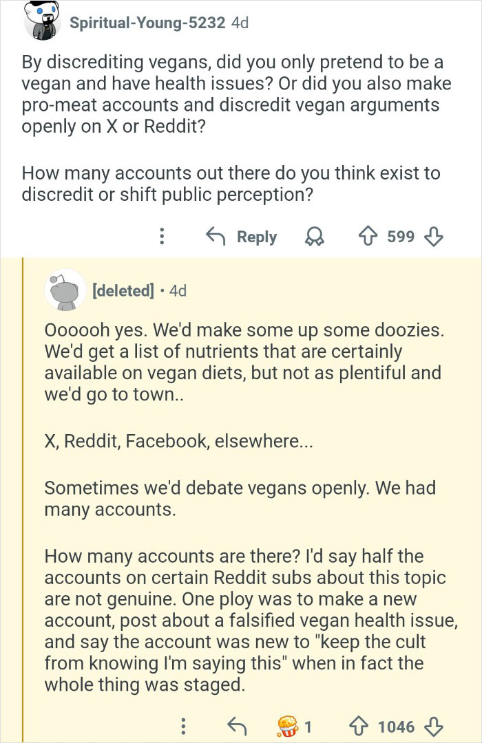 Screenshot of a Reddit conversation revealing tactics used by an ex-employee to discredit veganism online with fake accounts.