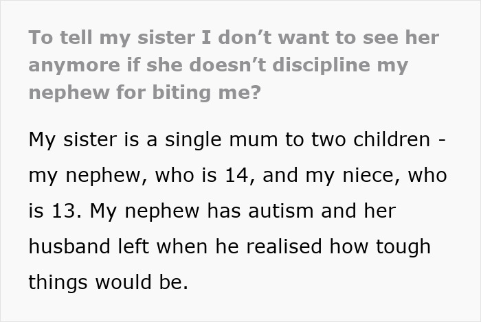 Text excerpt discussing challenges of disciplining a nephew who bites, with focus on Christmas nanny kid bite issue. Text excerpt discussing challenges of disciplining a nephew who bites, with focus on Christmas nanny kid bite issue.