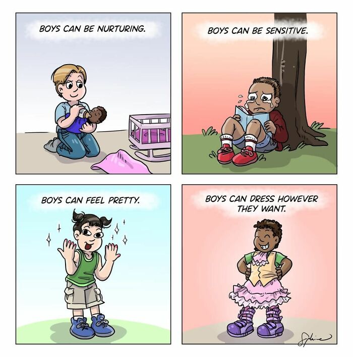 Comic panels by Sophie Labelle depicting boys nurturing, being sensitive, feeling pretty, and dressing freely, highlighting LGBTQ+ themes.