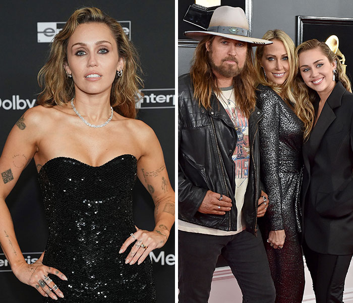 Miley Cyrus at an event and a family posing together, illustrating nepo babies turning into nope babies.