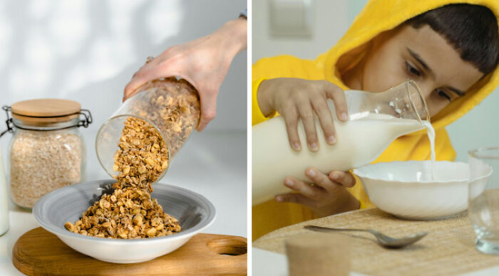 Side-by-side images of a person pouring granola and a child in casual wear pouring milk for breakfast, illustrating school uniforms vs casual wear.