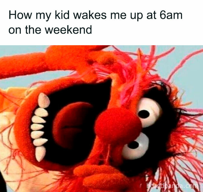 Funny and savage parenting meme showing a close-up of a wild red puppet with a shocked expression about early weekend waking.