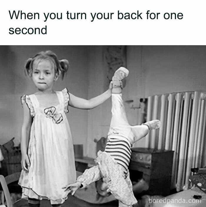 Child holding another child upside down, illustrating funny and savage parenting moments captured in parenting memes.