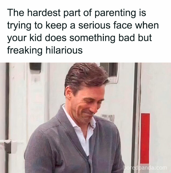 Man struggling to keep a serious face while parenting and finding his kid's bad behavior hilarious in a funny meme.