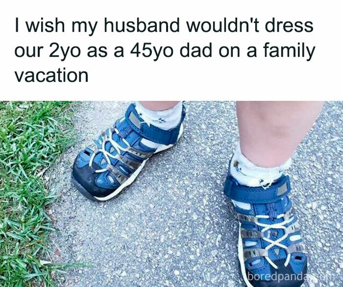 Toddler wearing adult-style hiking sandals, humorously capturing relatable memes for parents going through challenging moments.