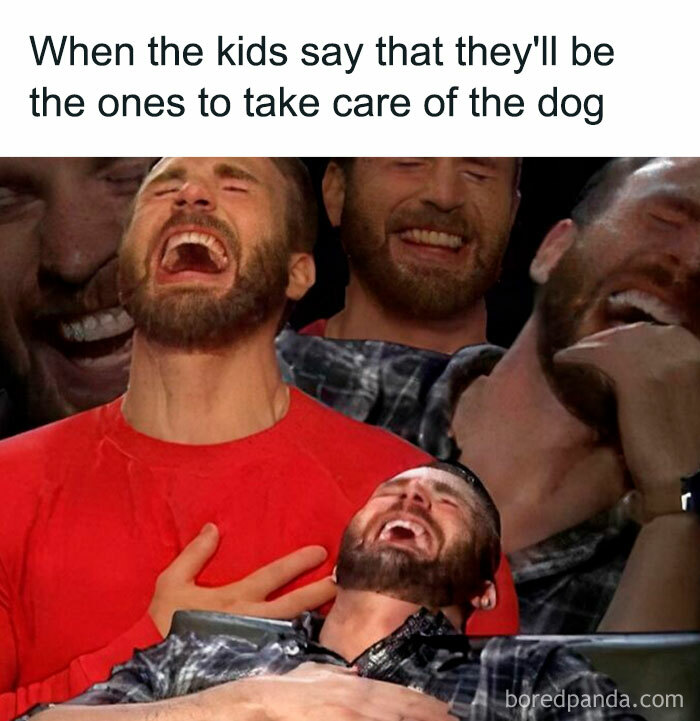 Man laughing hysterically in multiple poses, illustrating hilariously relatable memes for parents who are going through it.