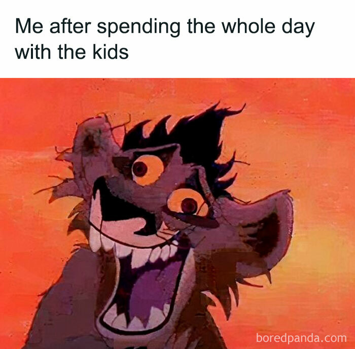 Exhausted cartoon hyena meme expressing how parents feel after spending the whole day with kids in relatable parenting humor.